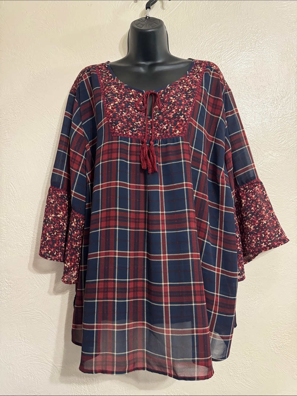Catherines Navy and Burgundy Plaid Boho Tunic with Floral Yoke
